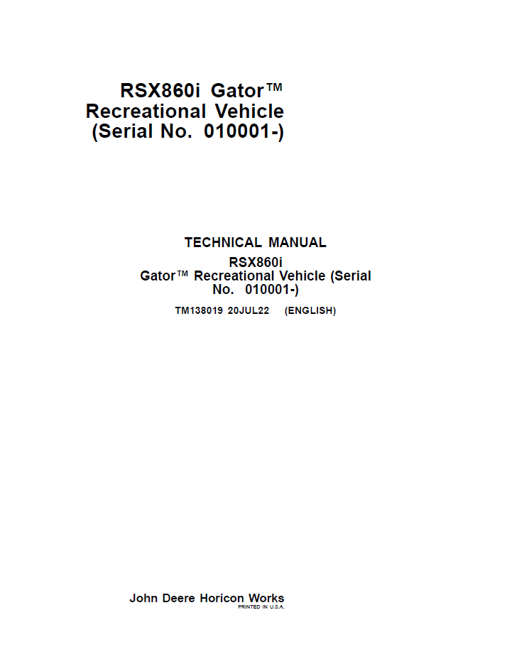 John Deere TM138019 RSX860I Gator Recreational Vehicle Manual