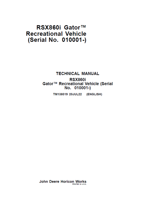 John Deere TM138019 RSX860I Gator Recreational Vehicle Manual
