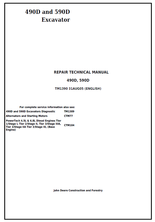 John Deere TM1390 490D & 590D Excavator Repair Technical Manual