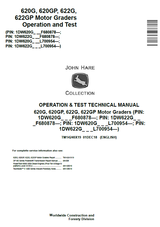 John Deere TM14240X19 620G 620GP 622G 622GP Motor Grader Manual