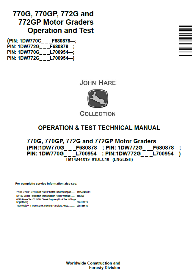 John Deere TM14244X19 770G 770GP 772G 772GP Motor Grader Test Manual