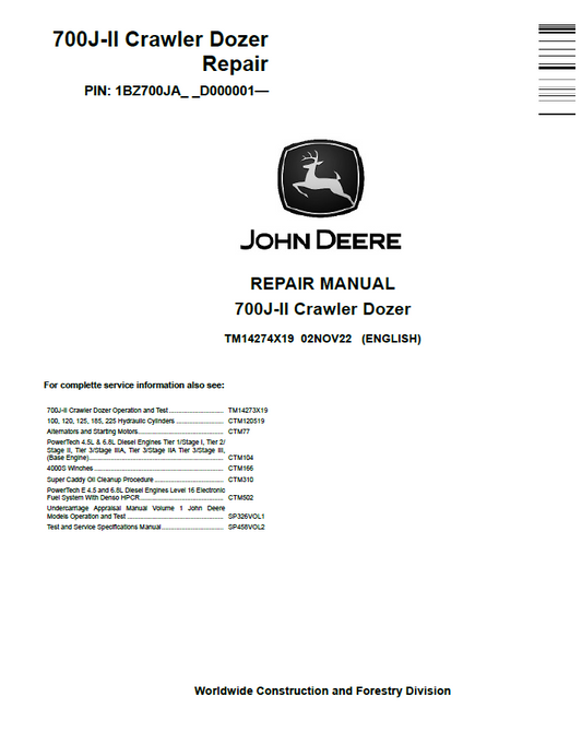 John Deere TM14274X19 700J-II Crawler Dozer Repair Manual