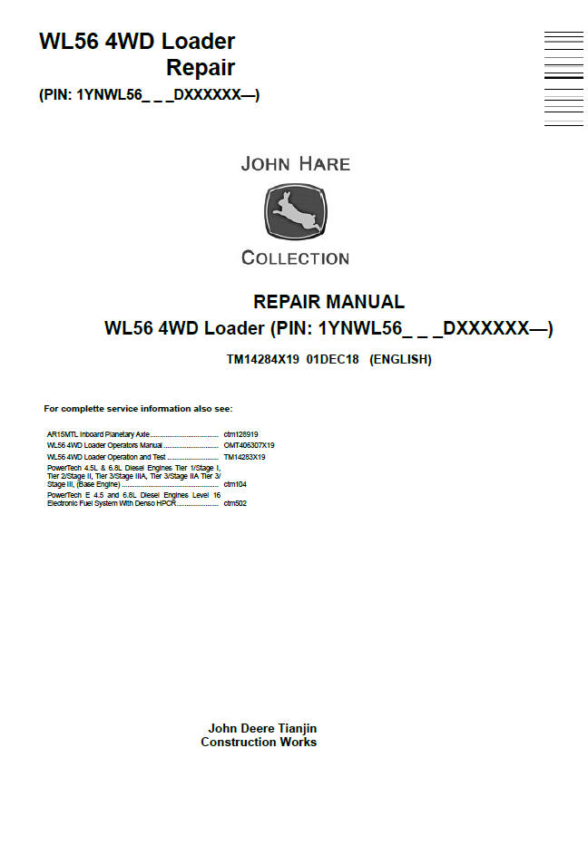 John Deere TM14284X19 WL56 4WD Loader Repair Service Manual
