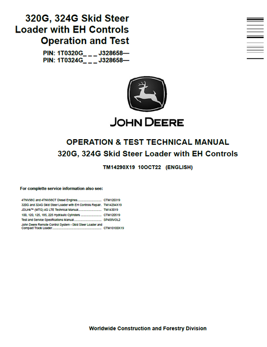 John Deere TM14290X19 320G 324G EH Controls Operation Test Manual