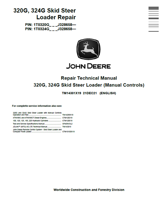 John Deere TM14301X19 320G 324G Skid Steer Loader Repair Manual