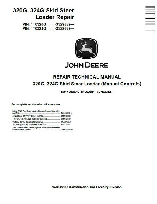 John Deere TM14302X19 320G 324G Skid Steer Loader Repair Manual
