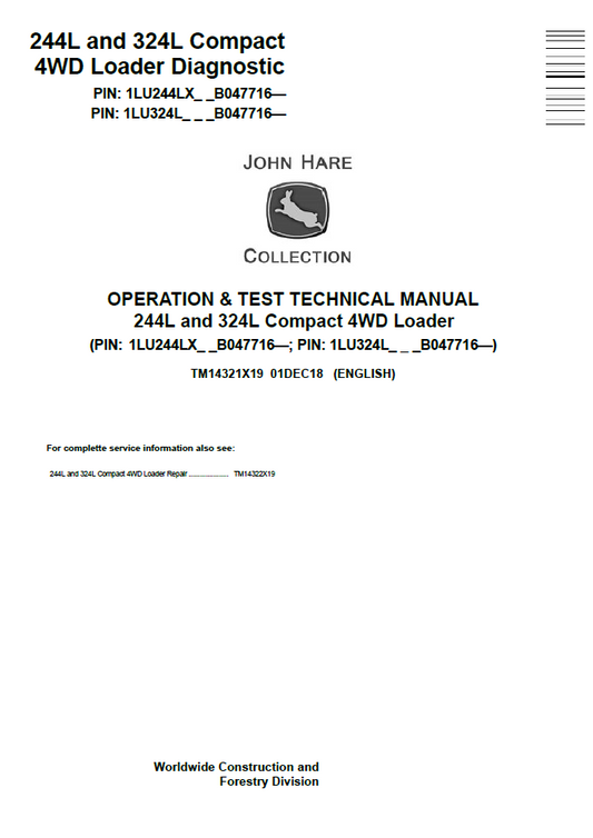 John Deere TM14321X19 244L 324L Compact Loader Test Manual