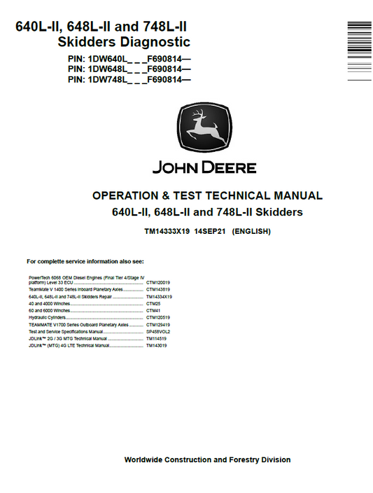 John Deere TM14333X19 640L-II 648L-II 748L-II Skidder Manual