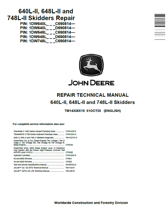 John Deere TM14338X19 640L-II 648L-II 748L-II Skidder Repair Manual