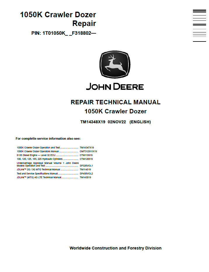 John Deere TM14348X19 1050K Crawler Dozer Technical Repair Manual
