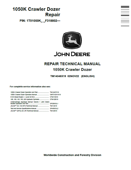 John Deere TM14348X19 1050K Crawler Dozer Technical Repair Manual