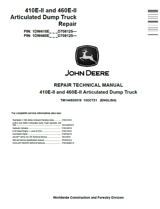 John Deere TM14453X019 410E-II & 460E-II Dump Truck Repair Manual
