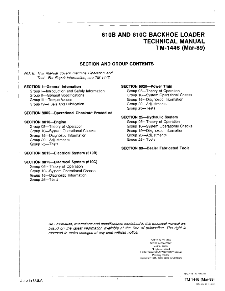 John Deere TM1446 610B & 610C Backhoe Loader Service Test Manual