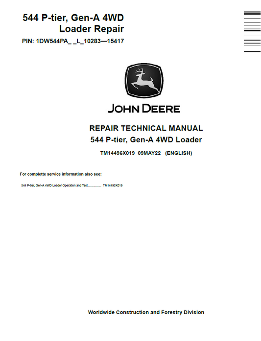 John Deere TM14496X019 544 P-Tier Gen-A 4WD Loader Repair Manual