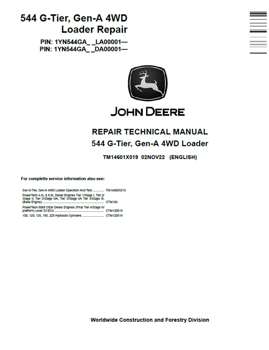 John Deere TM14601X019 544 G-Tier 4WD Loader Repair Manual