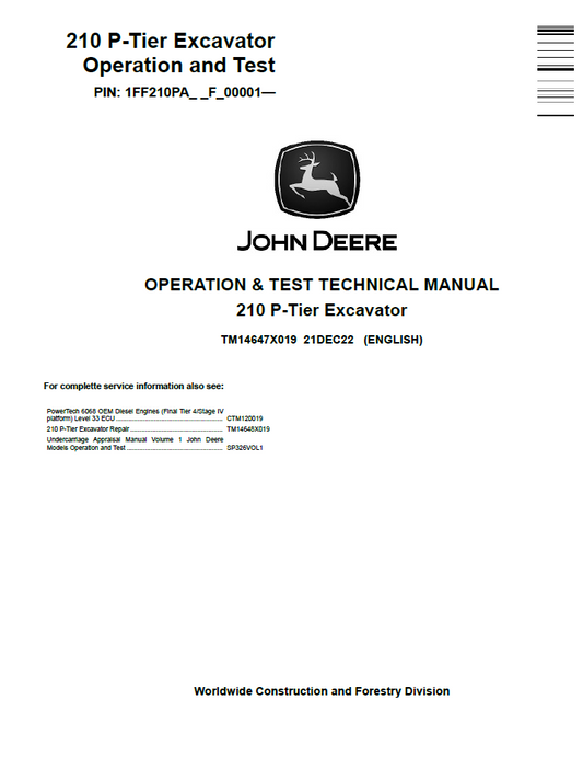 John Deere TM14647X019 210 P-Tier Excavator Operation Test Manual
