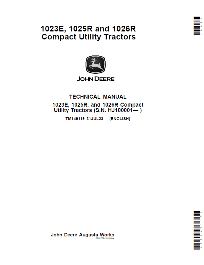 John Deere TM149119 Compact Tractor Technical Manual for 1023E 1025R 1026R