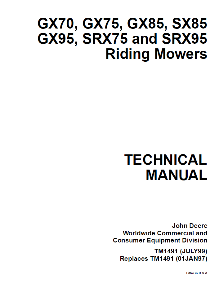 John Deere TM1491 GX70 GX75 GX85 GX95 Riding Mower Manual
