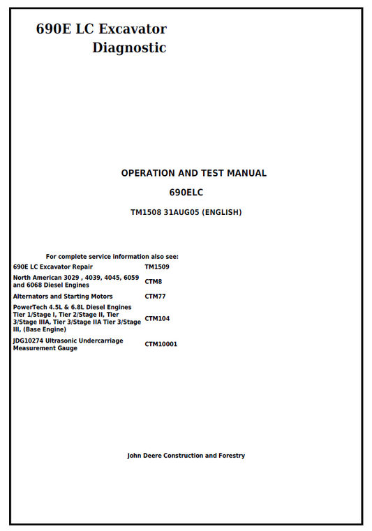 John Deere TM1508 690E LC Excavator Diagnostic Operation Test Manual