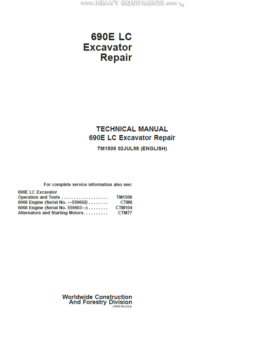 John Deere TM1509 690E LC Excavator Repair Technical Manual PDF