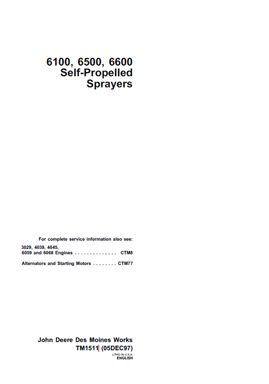 John Deere TM1511 6100 6500 6600 Self-Propelled Sprayer Manual