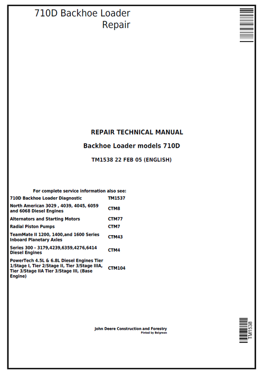 John Deere TM1538 710D Backhoe Loader Repair Manual PDF
