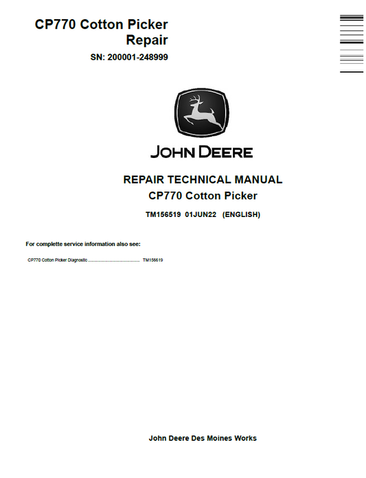 John Deere TM156519 CP770 Cotton Picker Repair Technical Manual