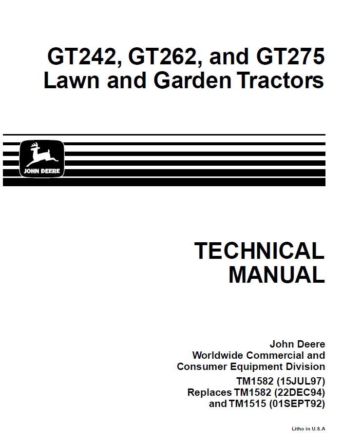 John Deere TM1582 GT242 GT262 GT275 Lawn Tractor Manual PDF