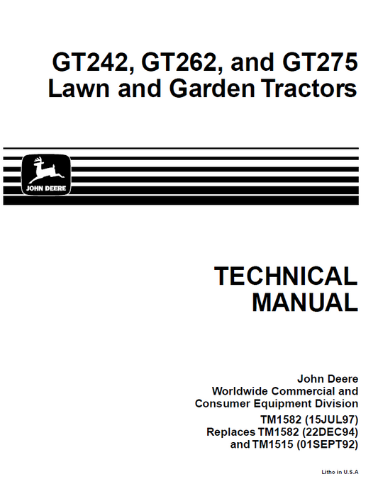 John Deere TM1582 GT242 GT262 GT275 Lawn Tractor Manual PDF