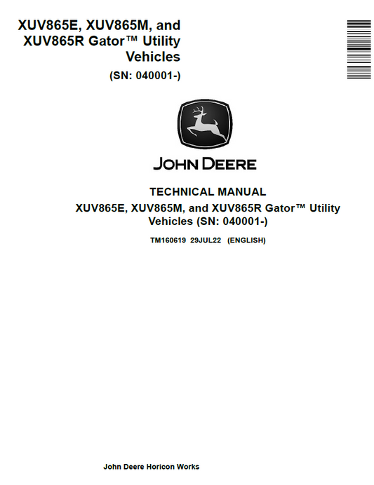 John Deere TM160619 Gator XUV865E XUV865M XUV865R Technical Manual