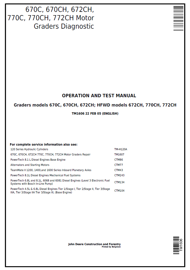 John Deere TM1606 670C 770C 772CH Motor Grader Diagnostic Manual