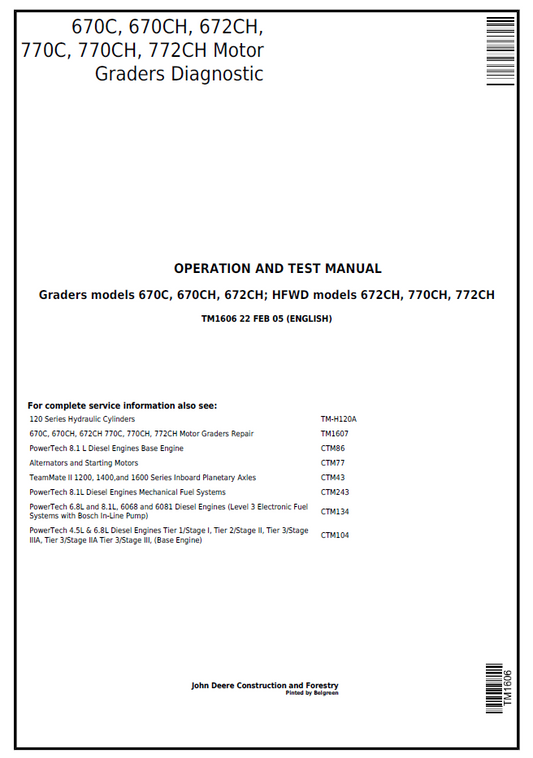 John Deere TM1606 670C 770C 772CH Motor Grader Diagnostic Manual