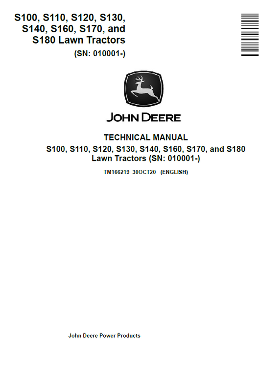 John Deere TM166219 S100–S180 Lawn Tractor Technical Manual