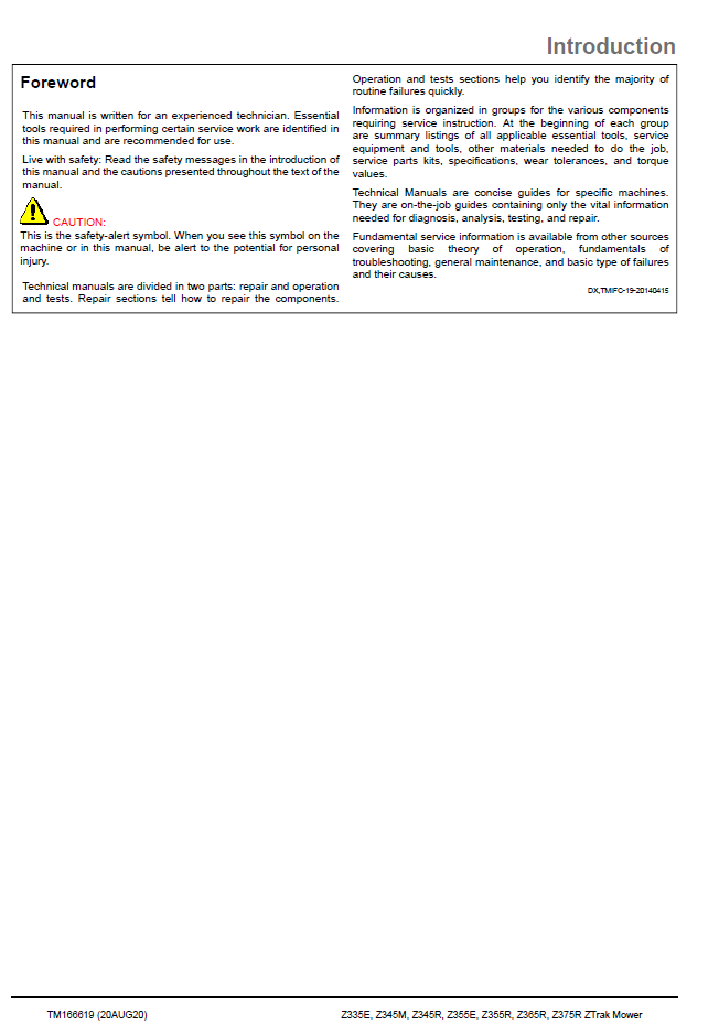 John Deere TM166619 ZTrak Z300–Z375 Series Service Repair Manual