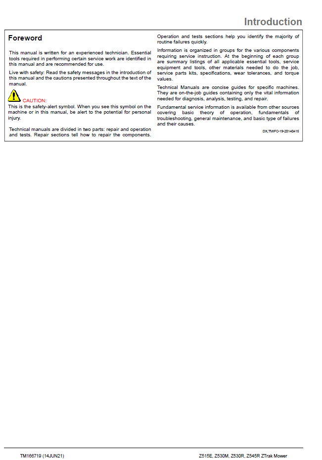 John Deere TM166719 ZTrak Z500 Series Service Repair Manual