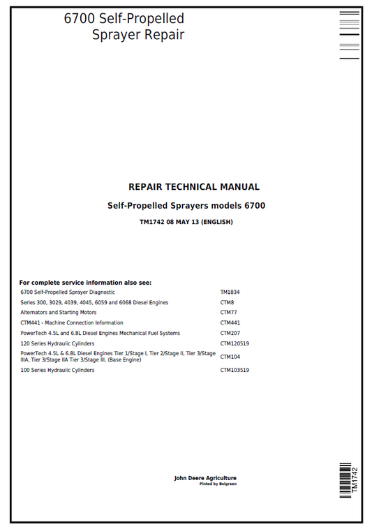 John Deere TM1742 6700 Self-Propelled Sprayer Repair Technical Manual