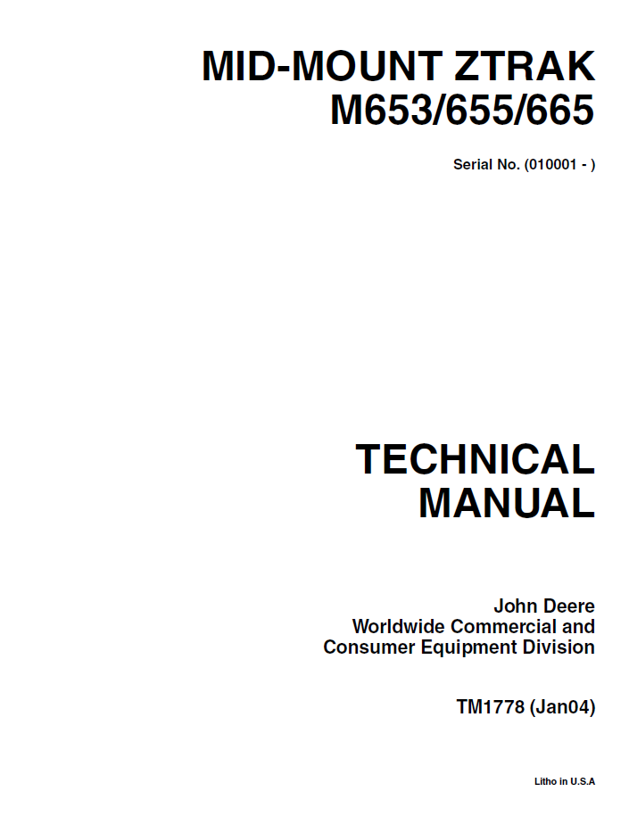 John Deere TM1778 M653 M655 M665 Mid-Mount ZTrak Manual PDF