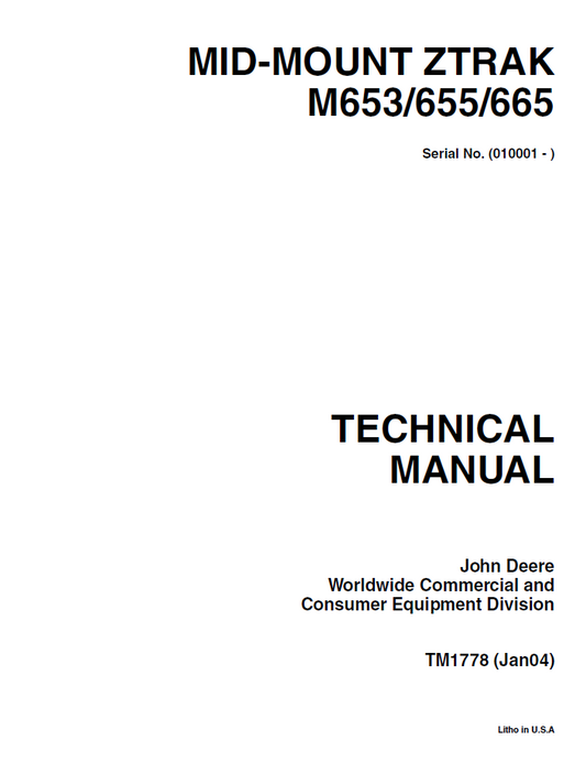 John Deere TM1778 M653 M655 M665 Mid-Mount ZTrak Manual PDF