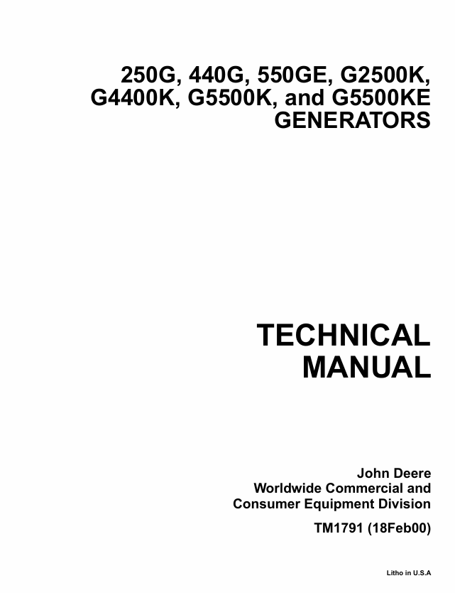 John Deere TM1791 Generator Technical Manual 250G 440G 550GE Models