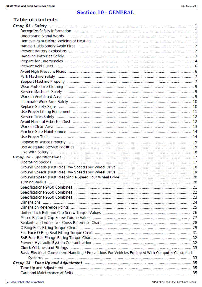 John Deere TM1801 Combine Maintenance & Repair Manual for 9000 Series Models