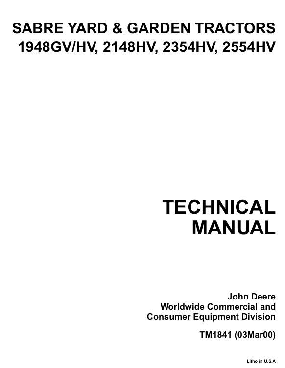 John Deere TM1841 Technical Manual for 1948GV HV 2148HV 2354HV 2554HV Tractors
