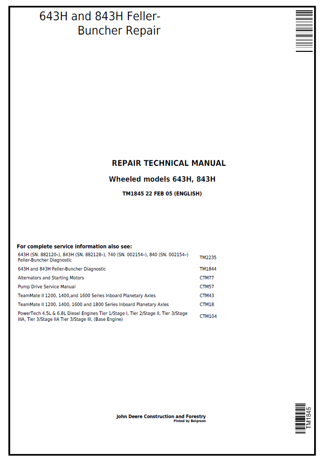 John Deere TM1845 643H 843H Feller Buncher Repair Service Manual