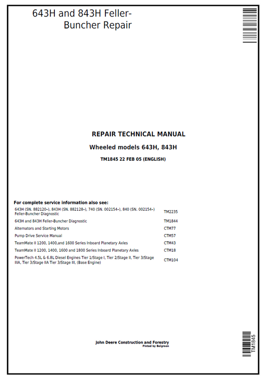 John Deere TM1845 643H 843H Feller Buncher Repair Service Manual