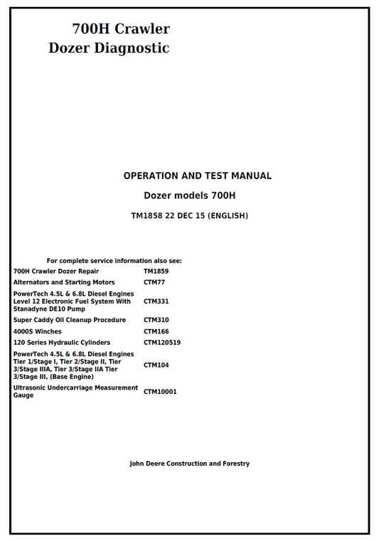 John Deere TM1858 700H Crawler Dozer Diagnostic Test Manual PDF