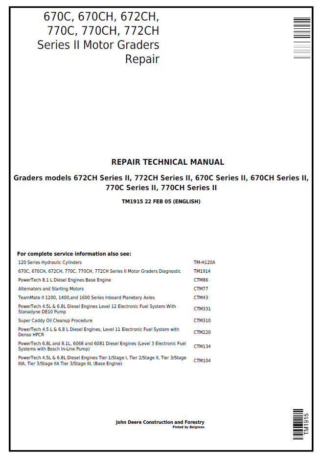 John Deere TM1915 670C 770C Series II Motor Grader Repair Manual