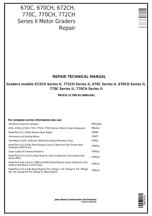 John Deere TM1915 670C 770C Series II Motor Grader Repair Manual