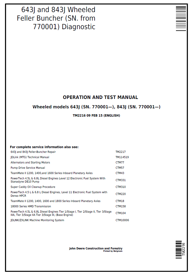 John Deere TM2216 643J 843J Wheeled Feller Buncher Diagnostic Manual