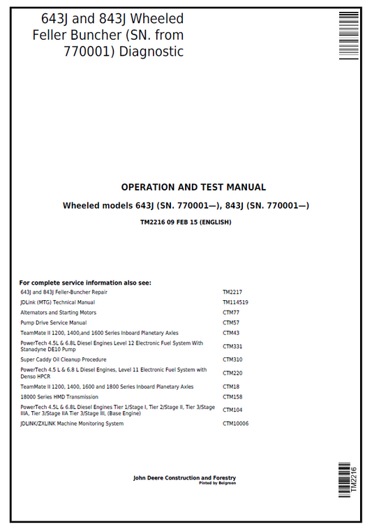 John Deere TM2216 643J 843J Wheeled Feller Buncher Diagnostic Manual