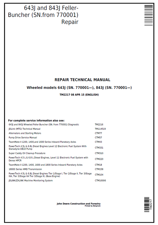 John Deere TM2217 643J 843J Wheeled Feller Buncher Repair Manual