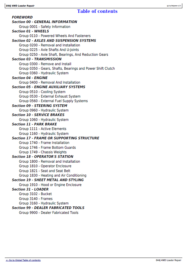 John Deere TM2307 Repair Manual for 844J Four Wheel Drive Loader